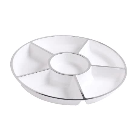 [6 Sec -White/Silver- 3 Pack] HomeyGear Plastic Round 6 Section Serving Tray Appetizer Platter White with Silver Rim 12 Inch Pack of 3