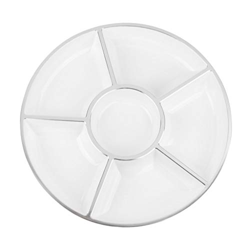 [6 Sec -White/Silver- 3 Pack] HomeyGear Plastic Round 6 Section Serving Tray Appetizer Platter White with Silver Rim 12 Inch Pack of 3