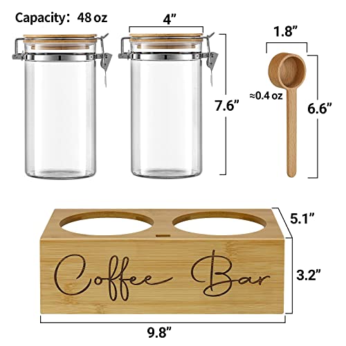 Glass Coffee Canister with 2x48oz Airtight Glass Jars, Coffee Bean Storage, Coffee Storage Container with Shelf and Lids Scoop, Kitchen Food Storage Jars, Coffee Container for Ground Coffee, Sugar