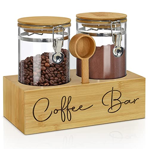 Glass Coffee Canister with 2x48oz Airtight Glass Jars, Coffee Bean Storage, Coffee Storage Container with Shelf and Lids Scoop, Kitchen Food Storage Jars, Coffee Container for Ground Coffee, Sugar