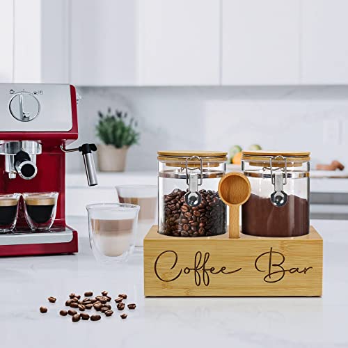 Glass Coffee Canister with 2x48oz Airtight Glass Jars, Coffee Bean Storage, Coffee Storage Container with Shelf and Lids Scoop, Kitchen Food Storage Jars, Coffee Container for Ground Coffee, Sugar