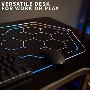 VIVO 48 x 24 inch PC Gaming Desk with Breathing RGB Geo-Honeycomb LED Lights, Tempered Glass Desktop, Steel Frame, Gamer Table Workstation, Cup Holder, Headphone Hook, Black, DESK-GM48BG