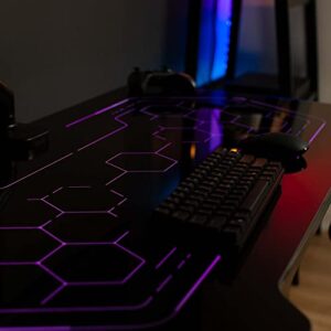 VIVO 48 x 24 inch PC Gaming Desk with Breathing RGB Geo-Honeycomb LED Lights, Tempered Glass Desktop, Steel Frame, Gamer Table Workstation, Cup Holder, Headphone Hook, Black, DESK-GM48BG