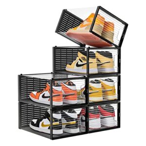 wall qmer clear shoe boxes, for aj shoes, 6 pack, stackable, crystal clear shoe storage, easy to assemble, sturdy, versatile shoe organizer