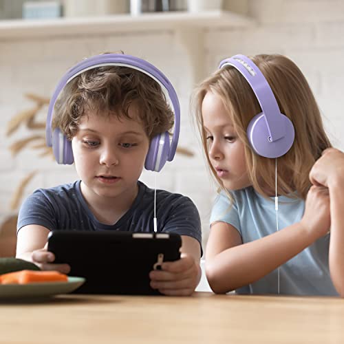 Unipows Kids Headphones for School - Girls Boys Teens Lightweight Foldable Wired Headset with Microphone, Volume Control, Stereo Bass for Cell Phone, Tablet, PC, Laptop (Purple and White)