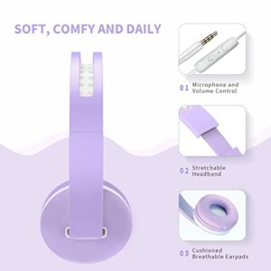 Unipows Kids Headphones for School - Girls Boys Teens Lightweight Foldable Wired Headset with Microphone, Volume Control, Stereo Bass for Cell Phone, Tablet, PC, Laptop (Purple and White)