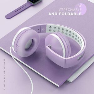 Unipows Kids Headphones for School - Girls Boys Teens Lightweight Foldable Wired Headset with Microphone, Volume Control, Stereo Bass for Cell Phone, Tablet, PC, Laptop (Purple and White)