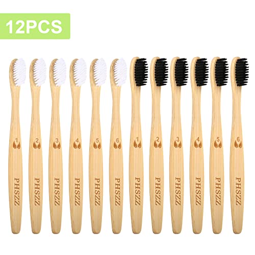 PHSZZ 12 Pack Bamboo Toothbrushes, Natural Eco-Friendly Soft Bristles Bamboo Toothbrush, BPA Free Biodegradable Compostable Charcoal Organic Green Wooden Toothbrushes, Numbered for Easy Recognition