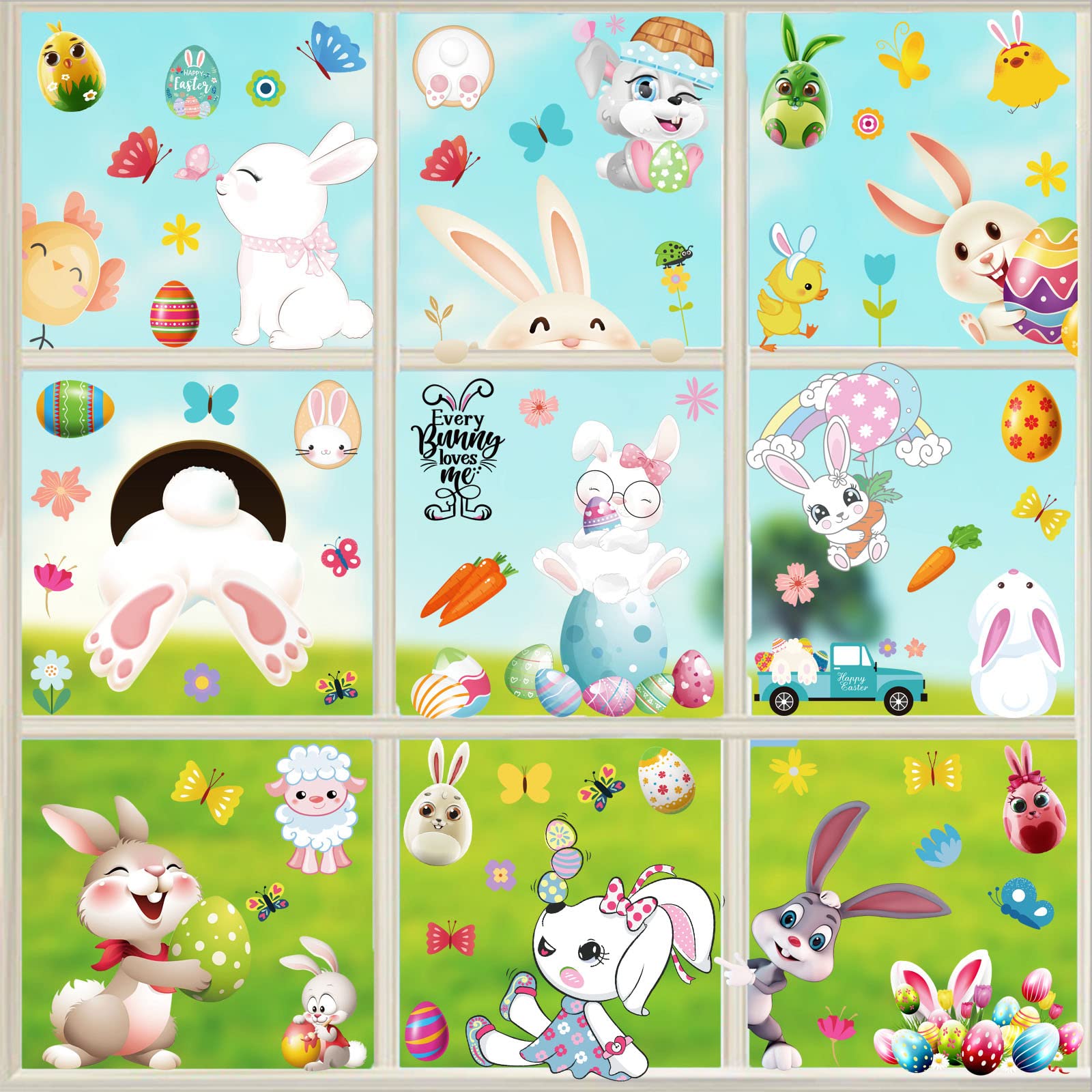 UOMNICUE Rabbit Window Clings, Double Sides Static Animals Bunny Window Stickers for Glass Windows, 9 Sheets 114 PCS Spring Cute Bunny Egg Windows Stickers Decals for Home Office Glass Door Window Decoration