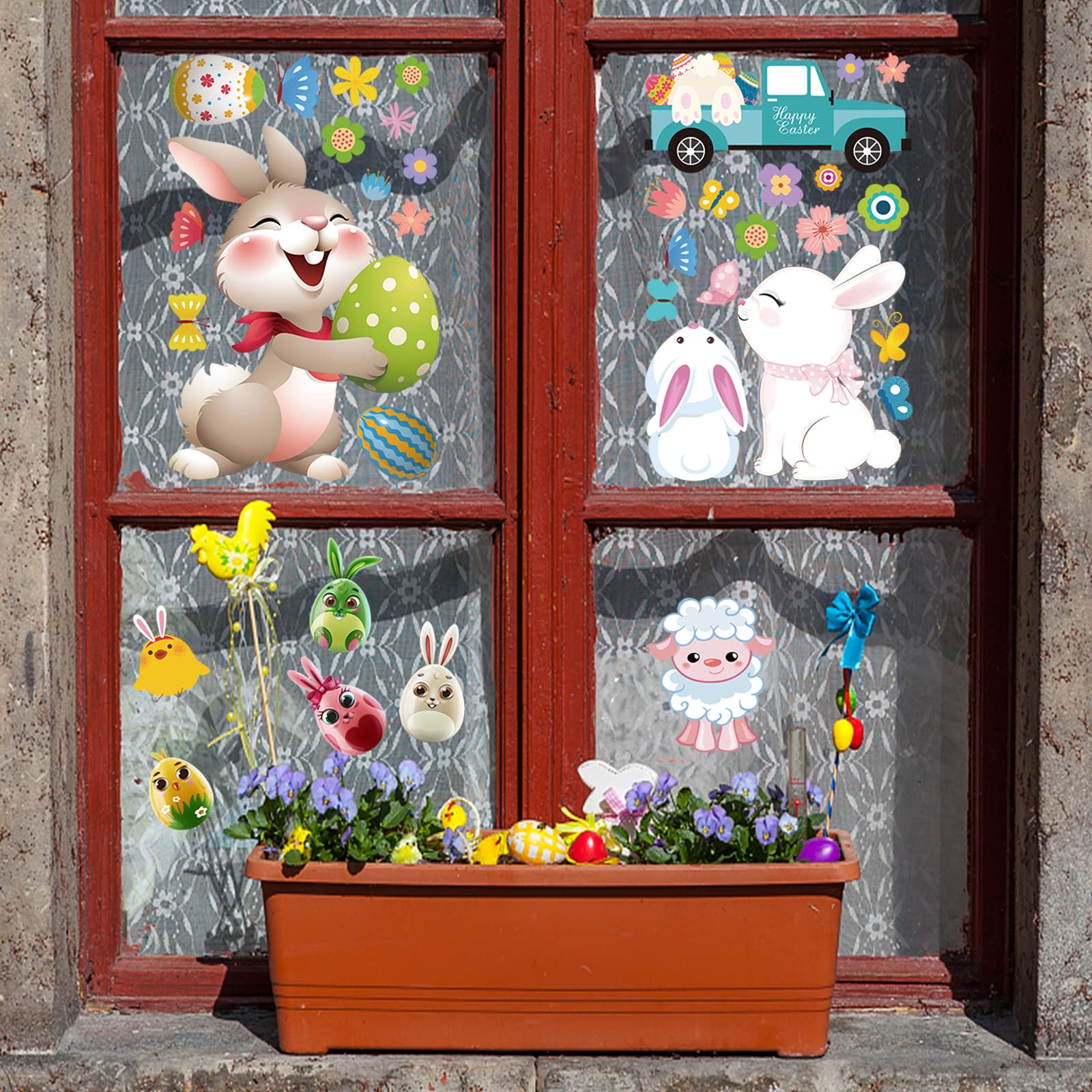 UOMNICUE Rabbit Window Clings, Double Sides Static Animals Bunny Window Stickers for Glass Windows, 9 Sheets 114 PCS Spring Cute Bunny Egg Windows Stickers Decals for Home Office Glass Door Window Decoration