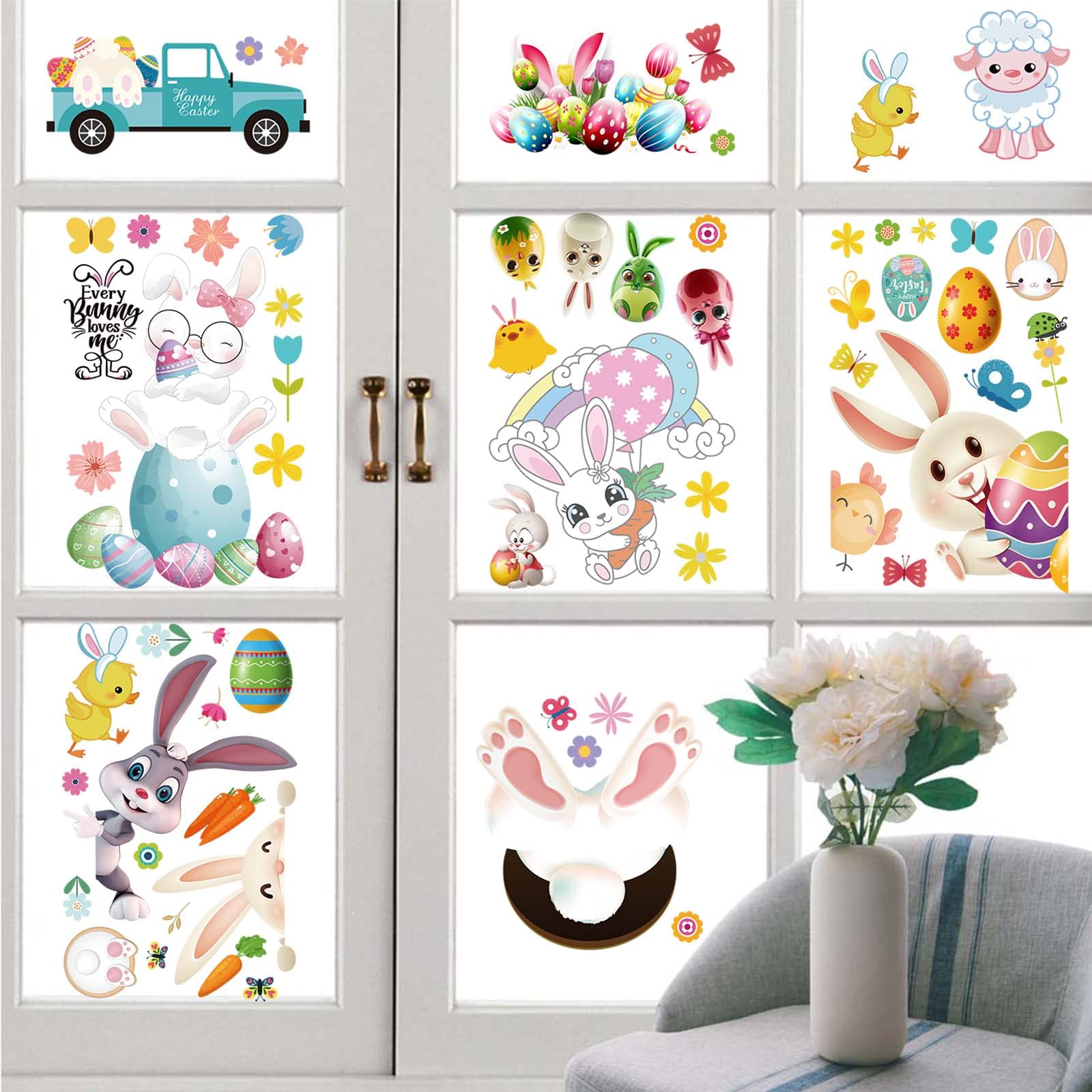 UOMNICUE Rabbit Window Clings, Double Sides Static Animals Bunny Window Stickers for Glass Windows, 9 Sheets 114 PCS Spring Cute Bunny Egg Windows Stickers Decals for Home Office Glass Door Window Decoration