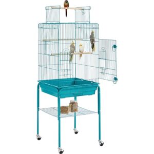 topeakmart metal bird cage open play top parrot cage w/detachable rolling stand for small birds, 53.5inch, teal blue