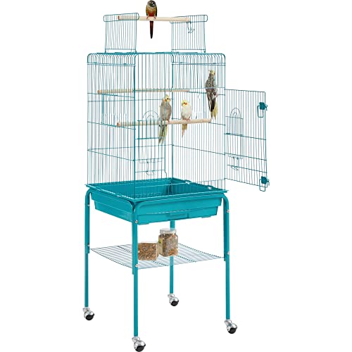 Topeakmart Metal Bird Cage Open Play Top Parrot Cage w/Detachable Rolling Stand for Small Birds, 53.5inch, Teal Blue