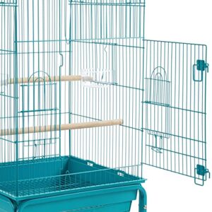 Topeakmart Metal Bird Cage Open Play Top Parrot Cage w/Detachable Rolling Stand for Small Birds, 53.5inch, Teal Blue