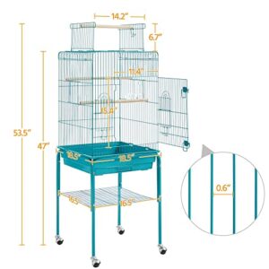 Topeakmart Metal Bird Cage Open Play Top Parrot Cage w/Detachable Rolling Stand for Small Birds, 53.5inch, Teal Blue