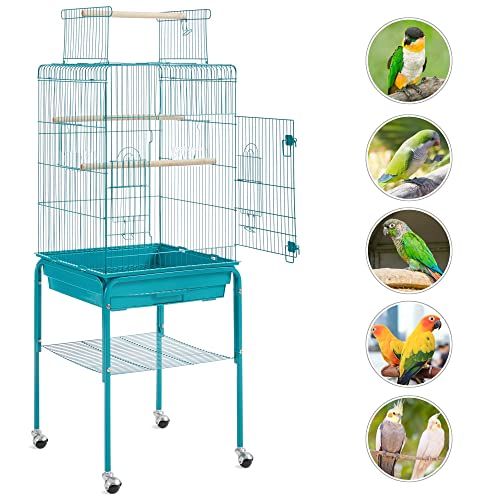 Topeakmart Metal Bird Cage Open Play Top Parrot Cage w/Detachable Rolling Stand for Small Birds, 53.5inch, Teal Blue