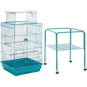 Topeakmart Metal Bird Cage Open Play Top Parrot Cage w/Detachable Rolling Stand for Small Birds, 53.5inch, Teal Blue