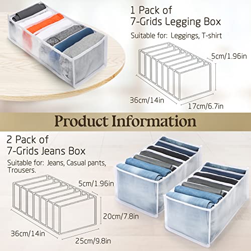 Wardrobe Clothes Organizer Washable Closet Organizers and Storage Drawer Organizer Clothes Bedroom Drawer 7 Grids Foldable White Mesh Separation Box 3 Pack for Folded Clothes, Pants, Shirts & Leggings