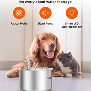 GoalMad Stainless Steel 67oz/2.0L Automatic Drinking Water Dispenser Cat Water Bowl Pet Water Fountain with LED Light & Filter for Cats, Dogs