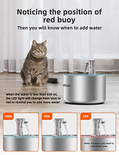 GoalMad Stainless Steel 67oz/2.0L Automatic Drinking Water Dispenser Cat Water Bowl Pet Water Fountain with LED Light & Filter for Cats, Dogs