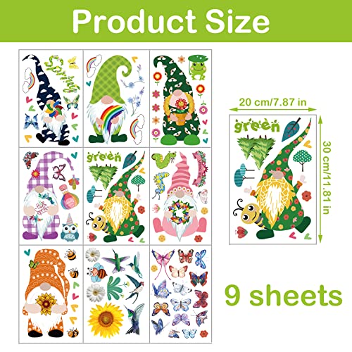 UOMNICUE Spring Gnome Window Clings, 9 Sheets Double Sided Colorful Faceless Gnome Butterfly Bee Birds Flowers Window Decals Stickers for Home Classroom Spring Holiday Party Supplies Glass Decoration