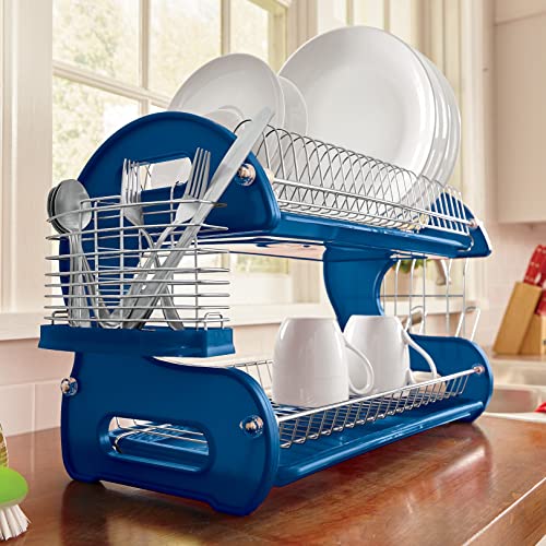 Montgomery Ward White Retro 2-Tier Dish Rack, Space-Saving Design, Durable Plastic and Chrome-Plated Wire, Easy Assembly (Twilight Blue)