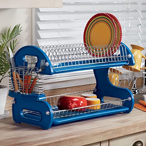 Montgomery Ward White Retro 2-Tier Dish Rack, Space-Saving Design, Durable Plastic and Chrome-Plated Wire, Easy Assembly (Twilight Blue)