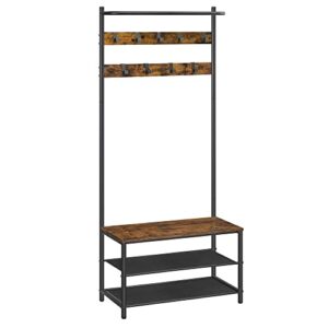 vasagle hall tree with bench and shoe storage, entryway bench with coat rack stand and shoe rack, 9 removable hooks, top bar, fabric shelves, industrial, rustic brown and black uhsr411b01
