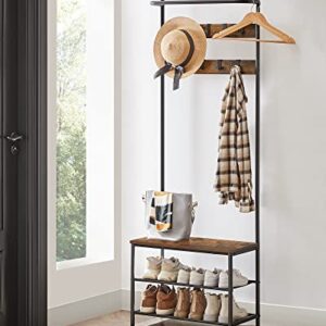 VASAGLE Hall Tree with Bench and Shoe Storage, Entryway Bench with Coat Rack Stand and Shoe Rack, 9 Removable Hooks, Top Bar, Fabric Shelves, Industrial, Rustic Brown and Black UHSR411B01