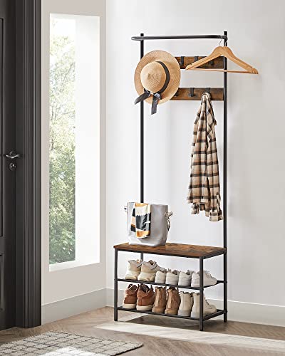 VASAGLE Hall Tree with Bench and Shoe Storage, Entryway Bench with Coat Rack Stand and Shoe Rack, 9 Removable Hooks, Top Bar, Fabric Shelves, Industrial, Rustic Brown and Black UHSR411B01