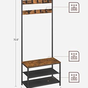 VASAGLE Hall Tree with Bench and Shoe Storage, Entryway Bench with Coat Rack Stand and Shoe Rack, 9 Removable Hooks, Top Bar, Fabric Shelves, Industrial, Rustic Brown and Black UHSR411B01