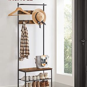 VASAGLE Hall Tree with Bench and Shoe Storage, Entryway Bench with Coat Rack Stand and Shoe Rack, 9 Removable Hooks, Top Bar, Fabric Shelves, Industrial, Rustic Brown and Black UHSR411B01