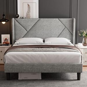 ipormis queen size platform bed frame with headboard, upholstered bed frame with solid wood slats, 8" storage space, no box spring needed, easy assembly, light grey