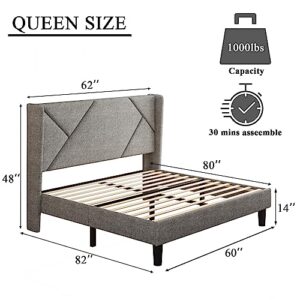 iPormis Queen Size Platform Bed Frame with Headboard, Upholstered Bed Frame with Solid Wood Slats, 8" Storage Space, No Box Spring Needed, Easy Assembly, Light Grey