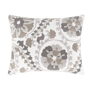 levtex home - mills - decorative pillow (14x18in.) - crewel embroidered suzani - light grey, taupe, dark grey, white