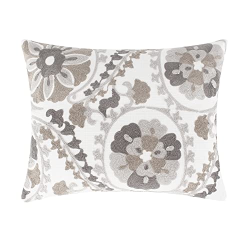 Levtex Home - Mills - Decorative Pillow (14x18in.) - Crewel Embroidered suzani - Light Grey, Taupe, Dark Grey, White