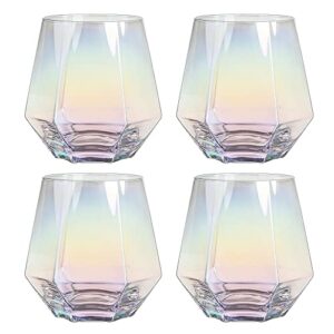 vanleonet colored diamond stemless wine glasses set,modern rainbow wine glass, iridescent wine glass gifts for women,men, old fashioned rainbow glass for party