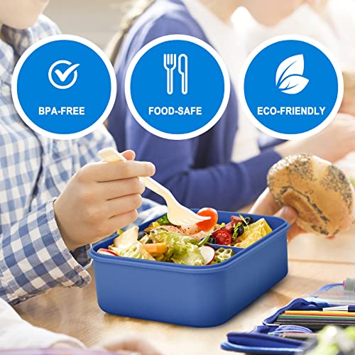 HOTEC Bento Lunch Box for Kids and Adults Built-in Knife, Fork & Spoon, 1400ML Portable Bento Box with 3 Compartments Perfect for On-the-Go Meal, BPA-Free, Microwave/Dishwasher/Freezer Safe(Blue)