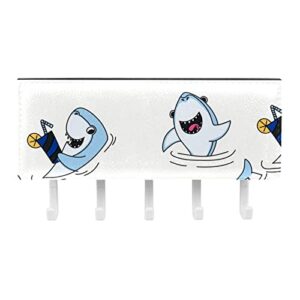 Cute Swim Ring Shark Rack Organizer with 5 Hooks Wall Bathroom Kitchen Shelf Rack Multifunctional Storage Shelf