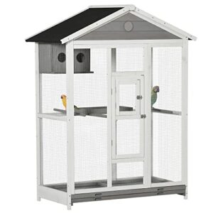 pawhut 64.5" wooden bird cage aviary, flight cage with 4 perches, nest and slide-out tray for indoor/outdoor, gray