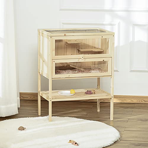 PawHut 3-Tier Wooden Hamster Cage Mice and Rat Cage Small Animals Hutch with Openable Top, Front Door, Storage Shelf