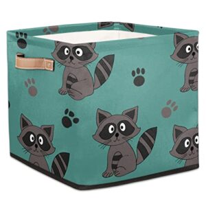 raccoon paw print storage basket bins for organizing pantry/shelves/office/girls room, animal pattern storage cube box with handles collapsible toys organizer 13x13