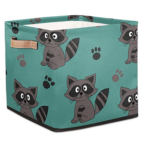 Raccoon Paw Print Storage Basket Bins for Organizing Pantry/Shelves/Office/Girls Room, Animal Pattern Storage Cube Box with Handles Collapsible Toys Organizer 13x13