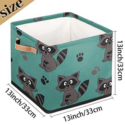 Raccoon Paw Print Storage Basket Bins for Organizing Pantry/Shelves/Office/Girls Room, Animal Pattern Storage Cube Box with Handles Collapsible Toys Organizer 13x13