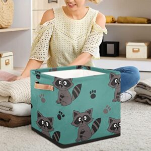 Raccoon Paw Print Storage Basket Bins for Organizing Pantry/Shelves/Office/Girls Room, Animal Pattern Storage Cube Box with Handles Collapsible Toys Organizer 13x13