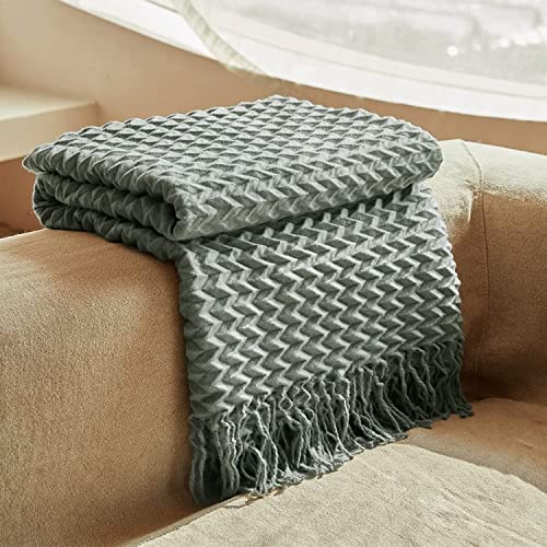 ZonLi Thin Throw Blanket 70"x50" for Couch Light Sage Green and Grey Boho Shawl Blanket Soft Decorative Lightweight Bed Throws with Tassels for Living Room Chair Sofa Travel Bed Throws