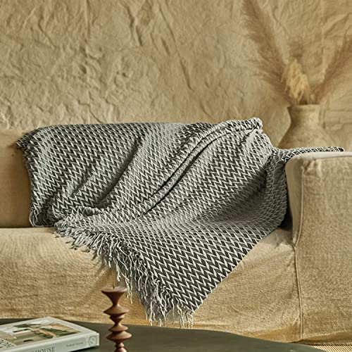 ZonLi Thin Throw Blanket 70"x50" for Couch Light Sage Green and Grey Boho Shawl Blanket Soft Decorative Lightweight Bed Throws with Tassels for Living Room Chair Sofa Travel Bed Throws