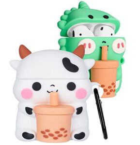 2 pack gkv for airpods 2/1 case for airpod cover cartoon funny fun kawaii cute unique 3d cool character fashion girly design air pods 2nd/1st silicone cases for girls teen boys kids(boba cow&aur)