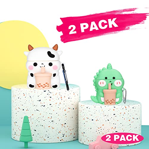 2 Pack Gkv for Airpods 2/1 Case for Airpod Cover Cartoon Funny Fun Kawaii Cute Unique 3D Cool Character Fashion Girly Design Air Pods 2nd/1st Silicone Cases for Girls Teen Boys Kids(Boba Cow&AUR)