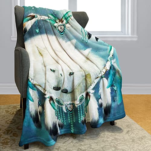 YISUMEI Wolf Dream Catcher Throw Blanket Blue Nebula White Wolf Fleece Blanket Soft Warm Cozy for Sofa Couch Bed 60"x80"